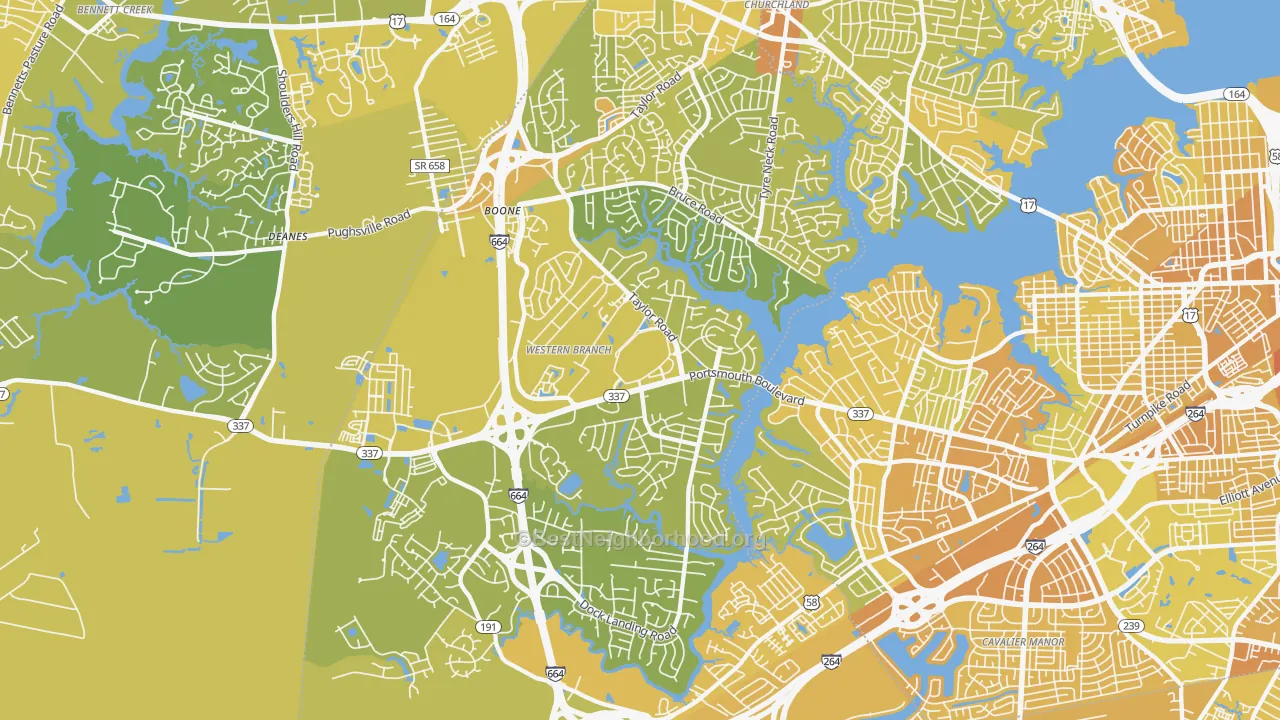 Map of the best neighborhoods in the 23321 area, with better matches in green and worse matches in red