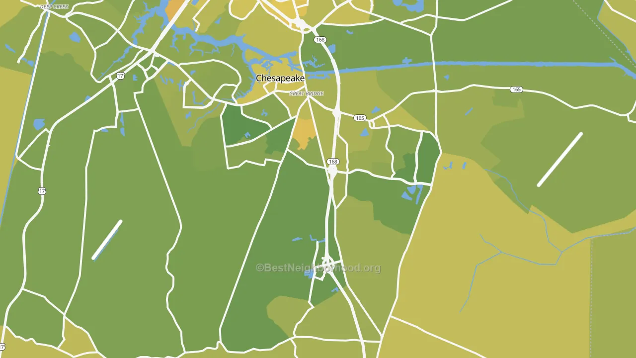 Map of the best neighborhoods in the 23322 area, with better matches in green and worse matches in red