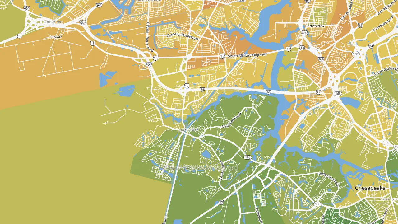 Map of the best neighborhoods in the 23323 area, with better matches in green and worse matches in red