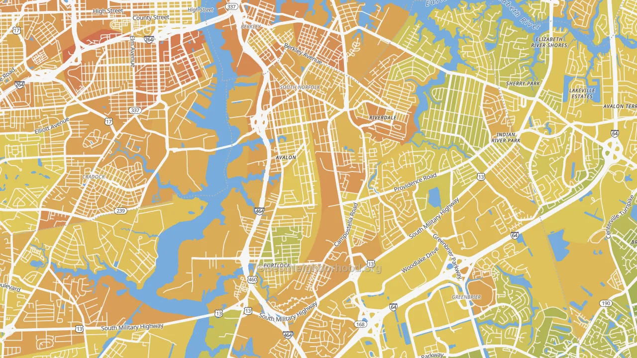 Map of the best neighborhoods in the 23324 area, with better matches in green and worse matches in red
