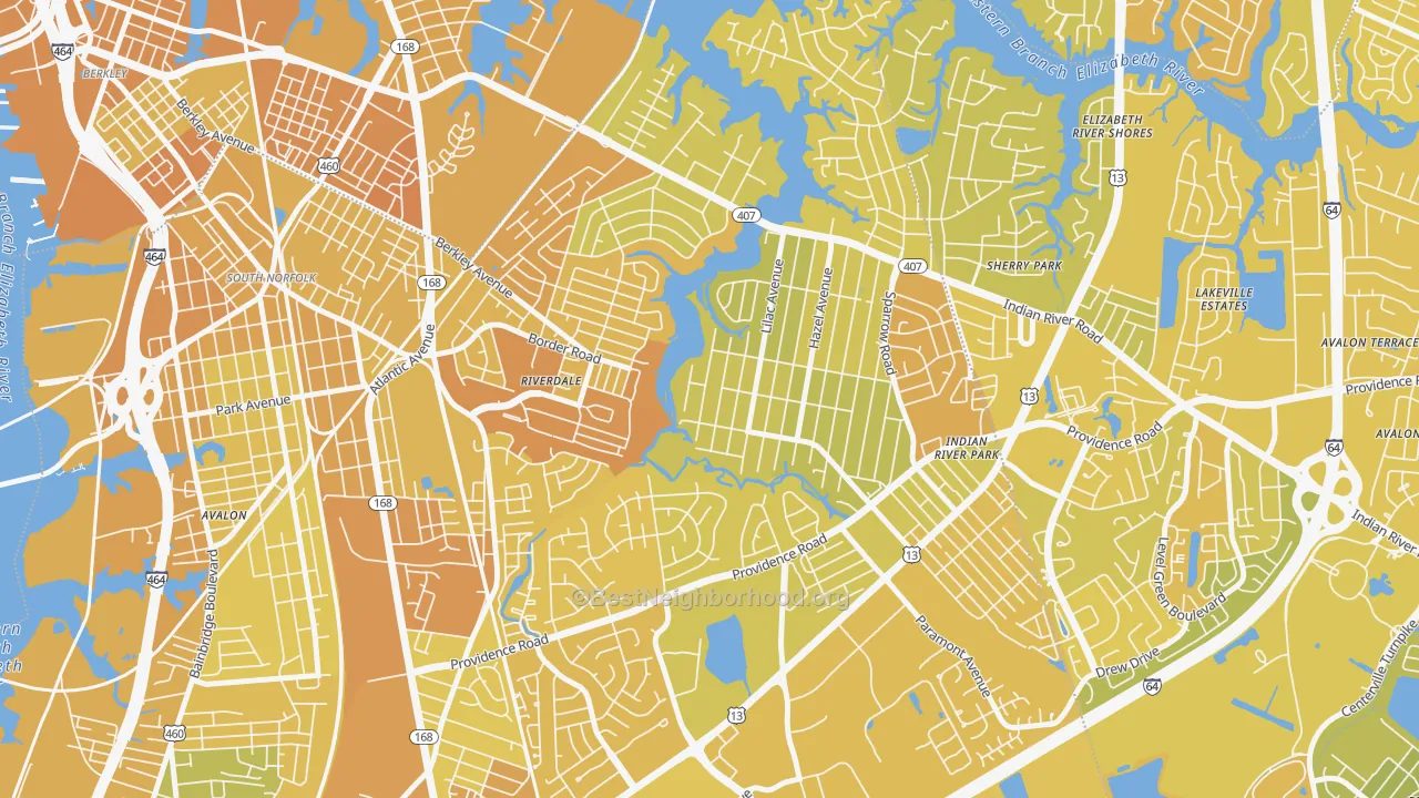 Map of the best neighborhoods in the 23325 area, with better matches in green and worse matches in red