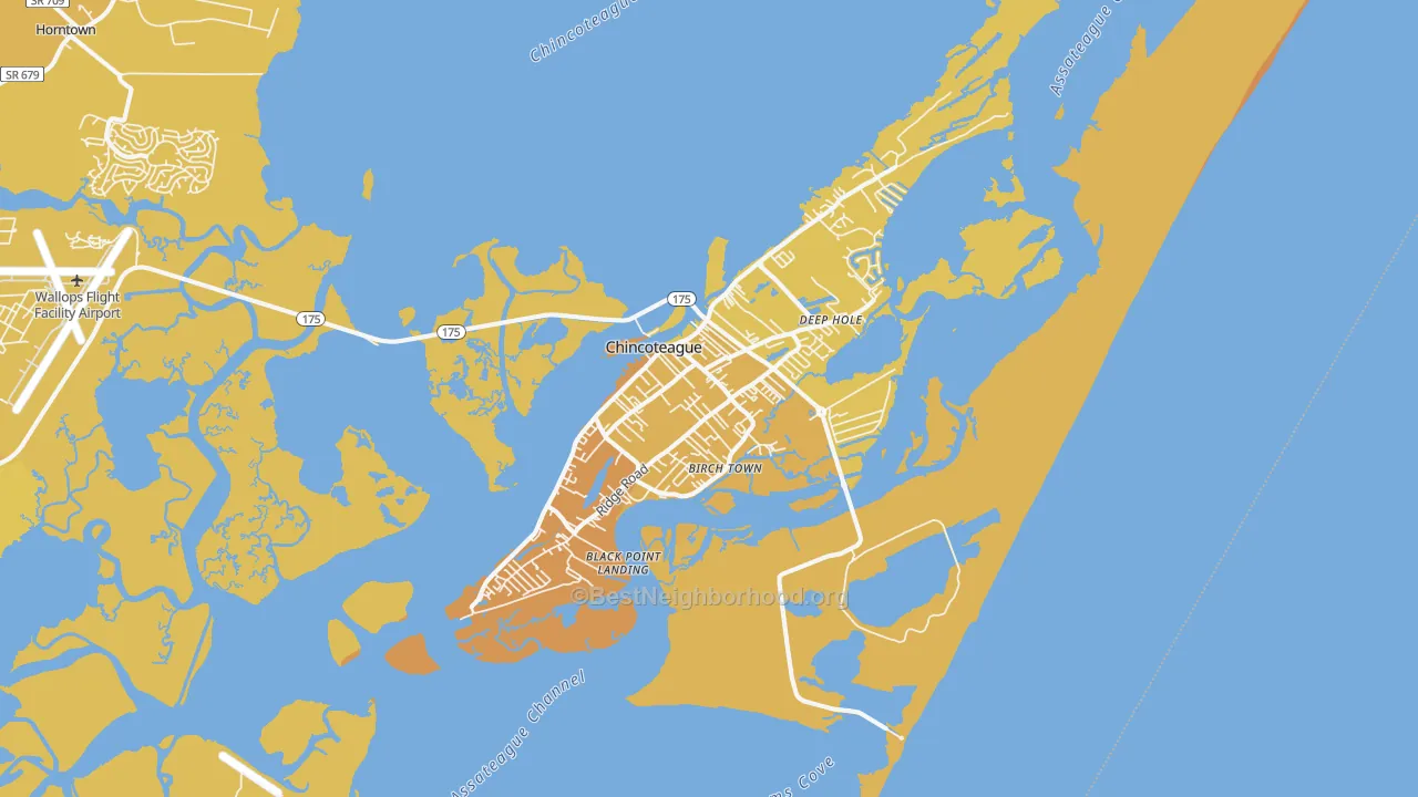 Map of the best neighborhoods in the 23336 area, with better matches in green and worse matches in red