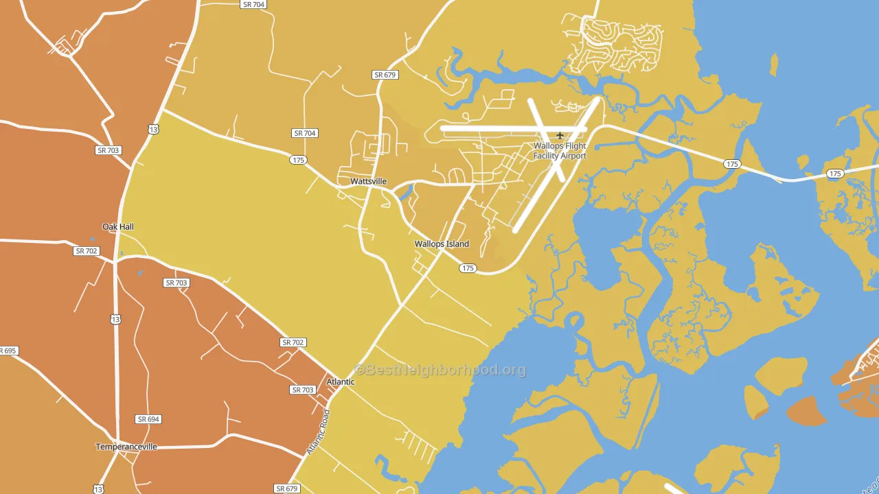 Map of the best neighborhoods in the 23337 area, with better matches in green and worse matches in red