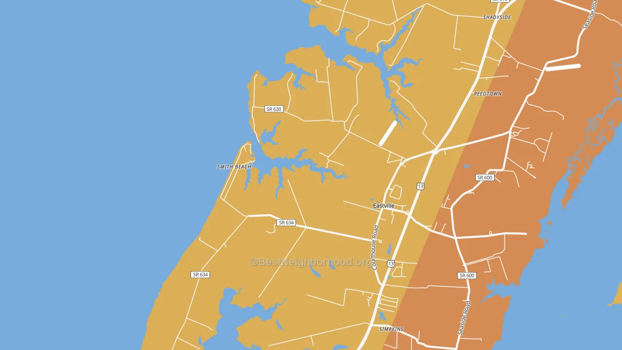 Map of the best neighborhoods in the 23347 area, with better matches in green and worse matches in red