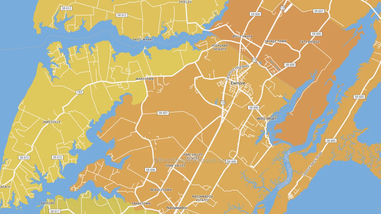 Map of the best neighborhoods in the 23350 area, with better matches in green and worse matches in red