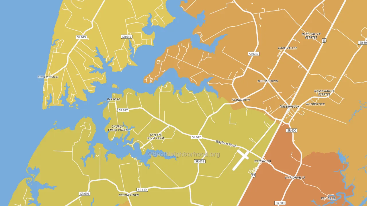 Map of the best neighborhoods in the 23354 area, with better matches in green and worse matches in red