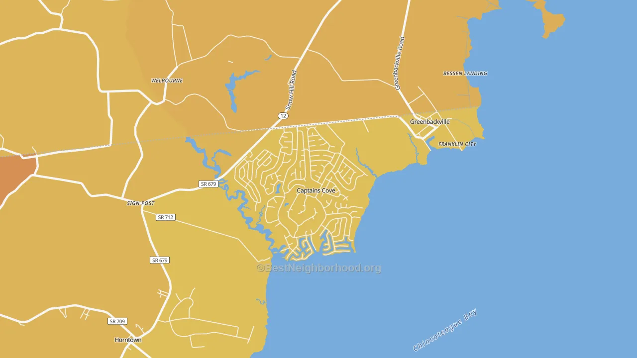 Map of the best neighborhoods in the 23356 area, with better matches in green and worse matches in red