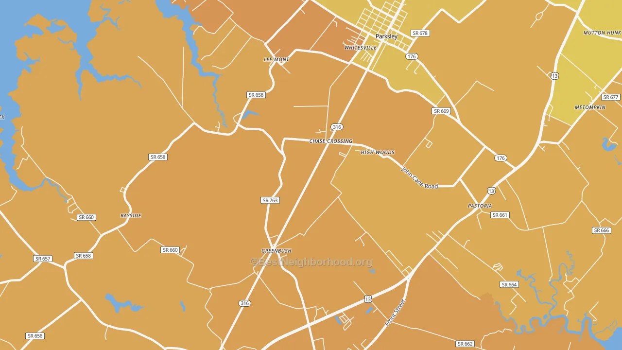 Map of the best neighborhoods in the 23357 area, with better matches in green and worse matches in red