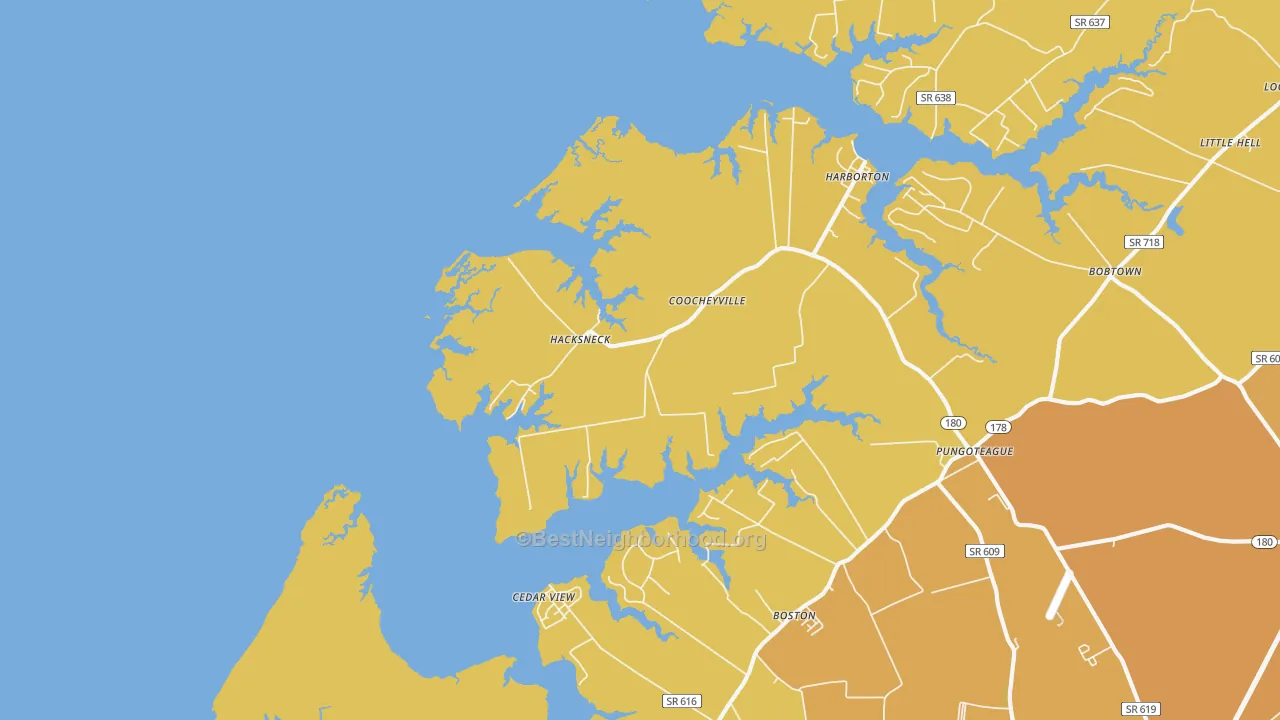 Map of the best neighborhoods in the 23358 area, with better matches in green and worse matches in red