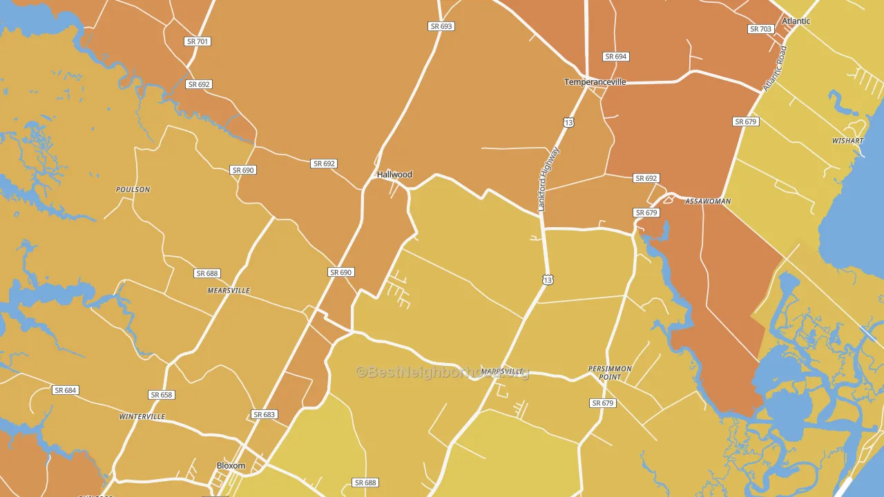 Map of the best neighborhoods in the 23359 area, with better matches in green and worse matches in red