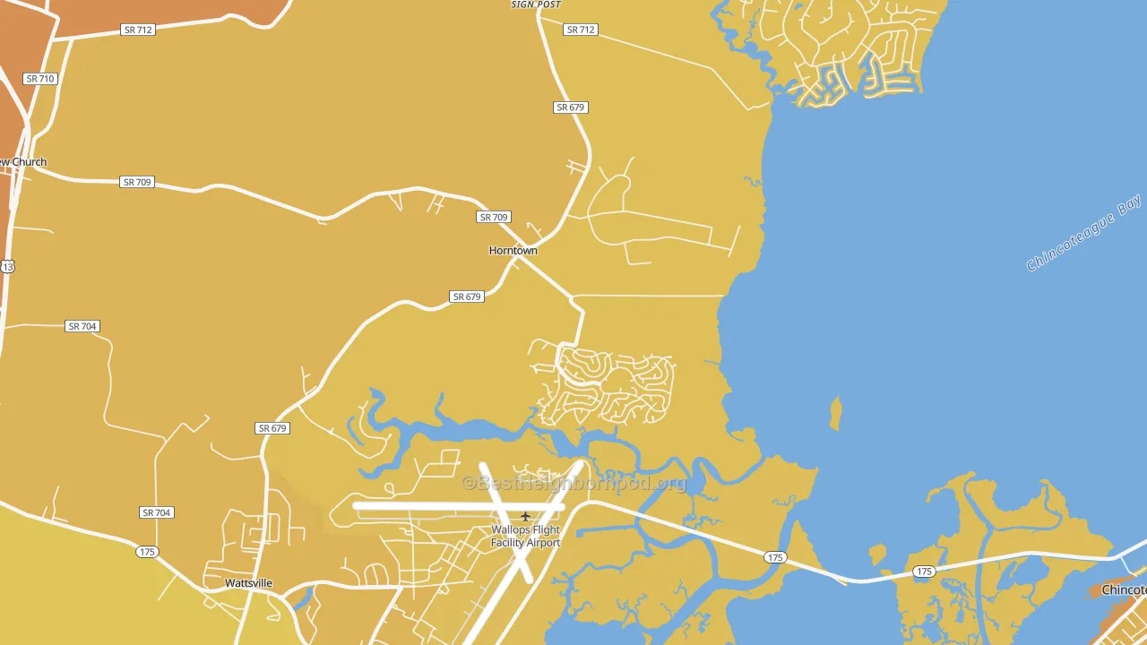 Map of the best neighborhoods in the 23395 area, with better matches in green and worse matches in red