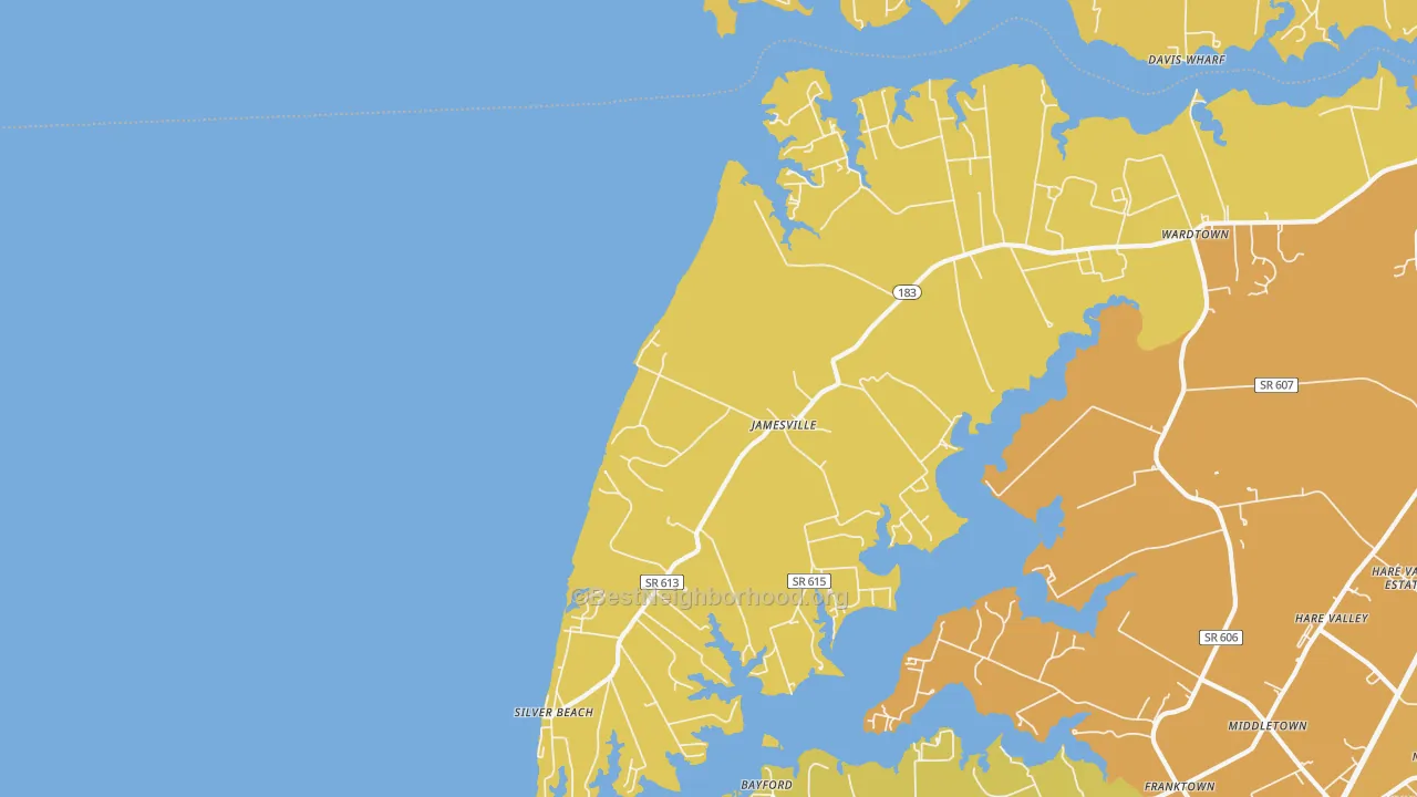 Map of the best neighborhoods in the 23398 area, with better matches in green and worse matches in red