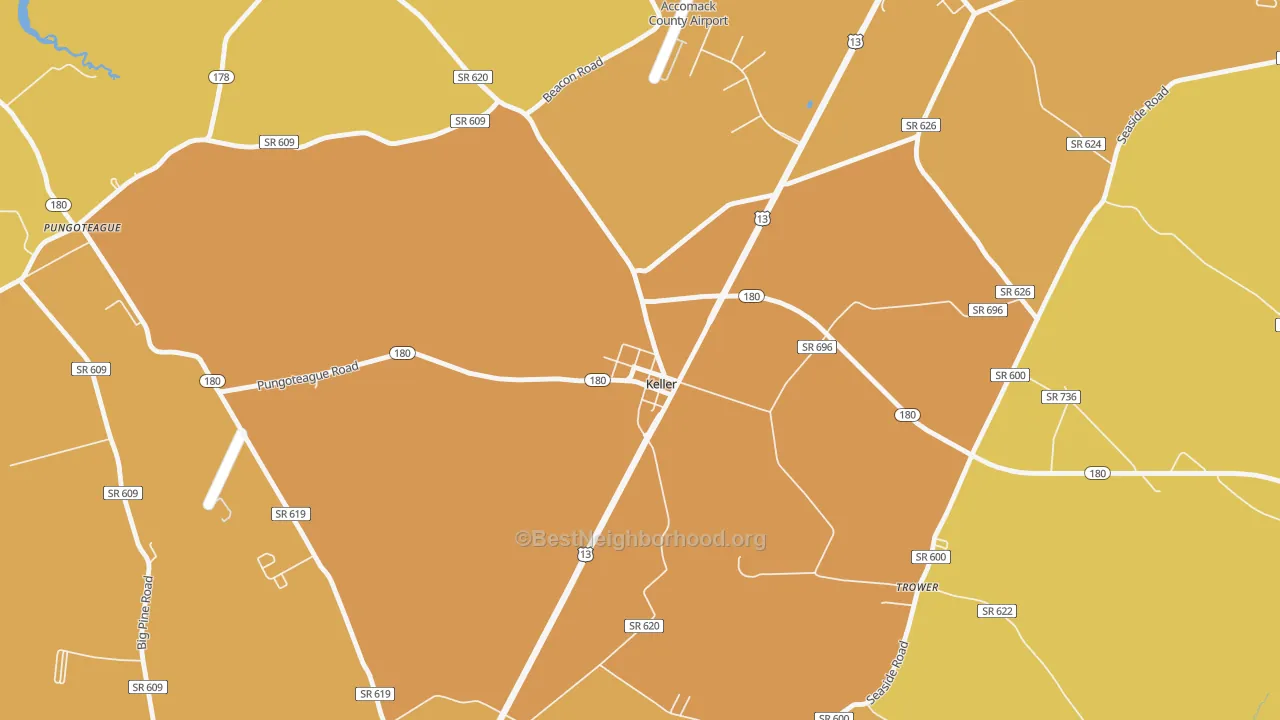 Map of the best neighborhoods in the 23401 area, with better matches in green and worse matches in red