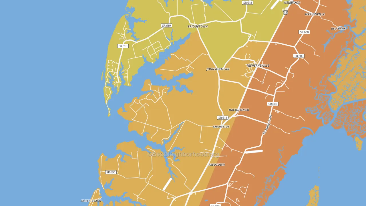Map of the best neighborhoods in the 23405 area, with better matches in green and worse matches in red