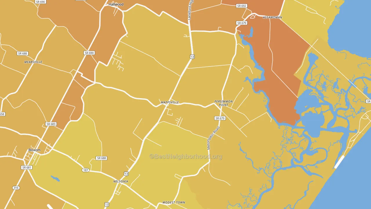 Map of the best neighborhoods in the 23407 area, with better matches in green and worse matches in red