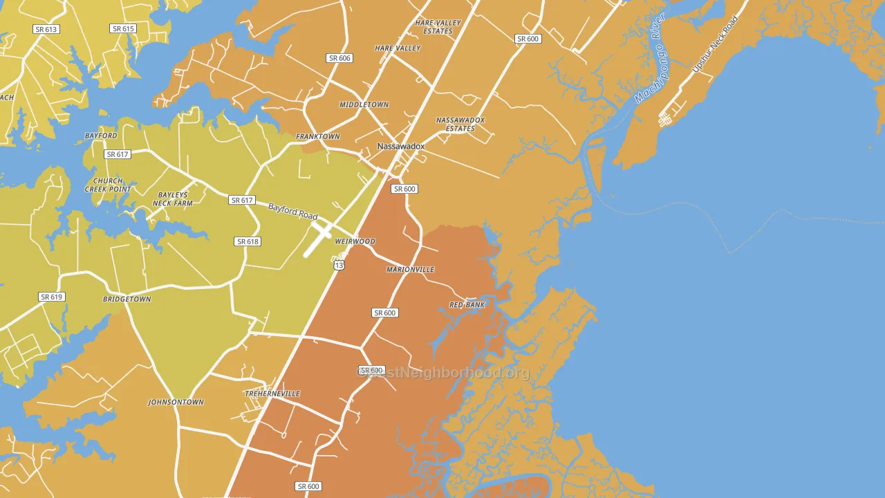 Map of the best neighborhoods in the 23408 area, with better matches in green and worse matches in red