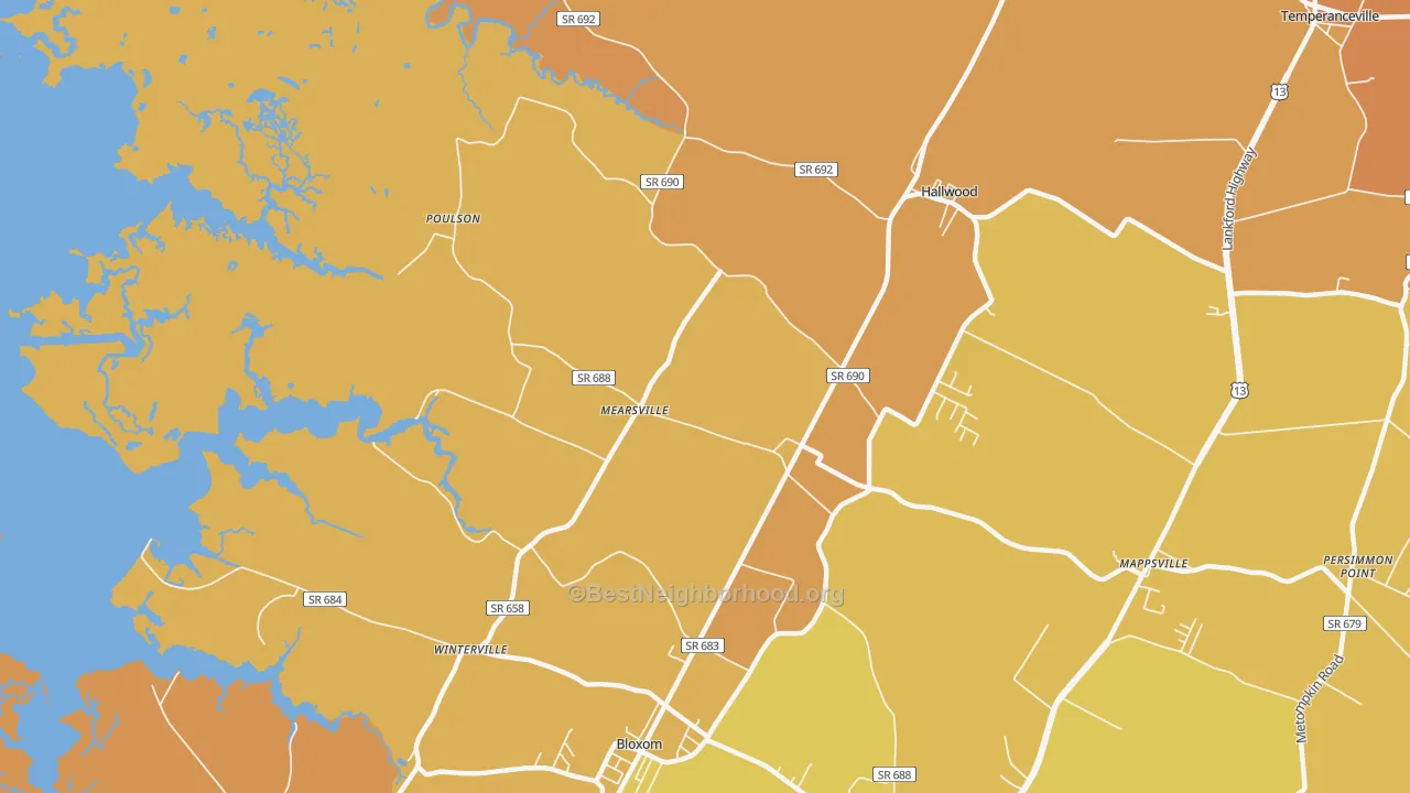 Map of the best neighborhoods in the 23409 area, with better matches in green and worse matches in red