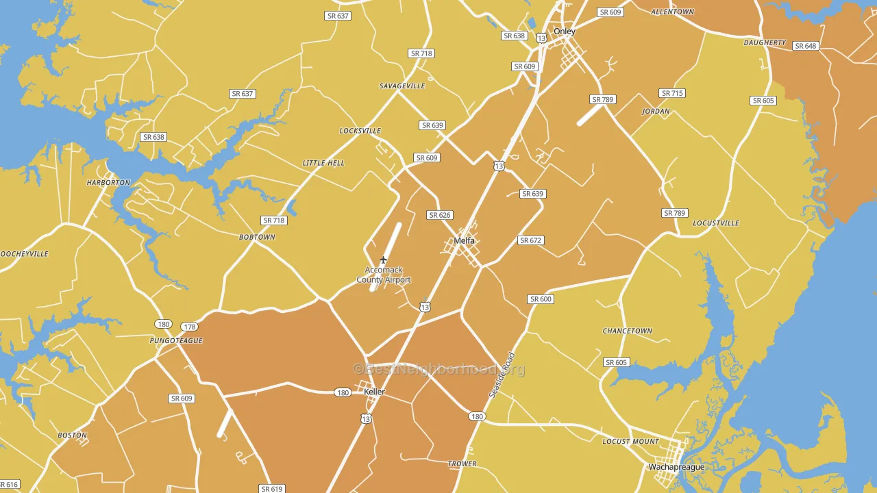 Map of the best neighborhoods in the 23410 area, with better matches in green and worse matches in red