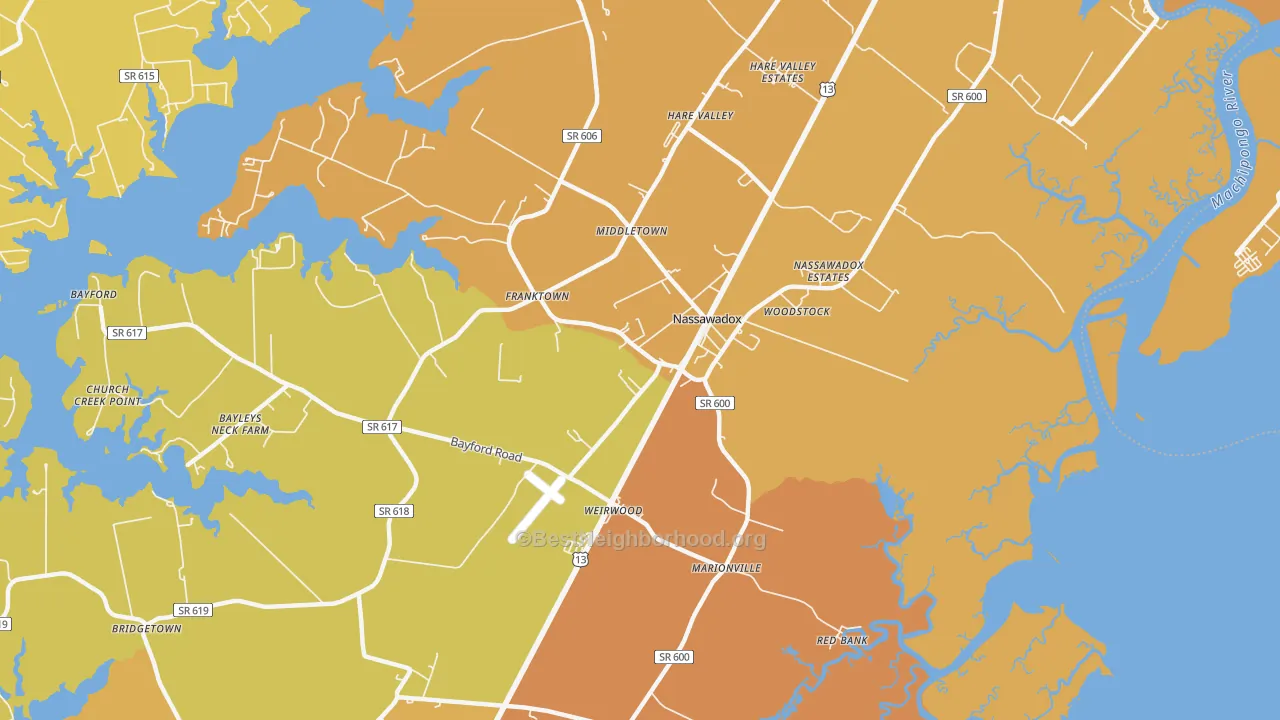 Map of the best neighborhoods in the 23413 area, with better matches in green and worse matches in red