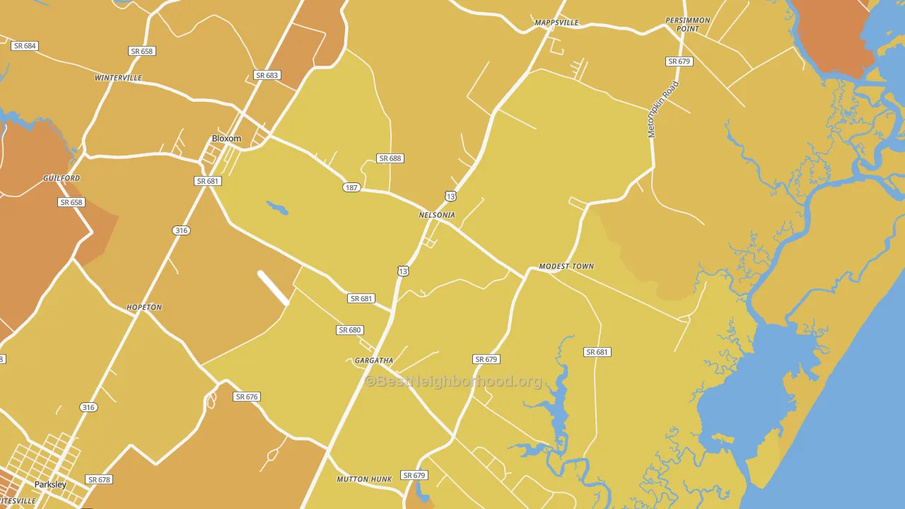Map of the best neighborhoods in the 23414 area, with better matches in green and worse matches in red
