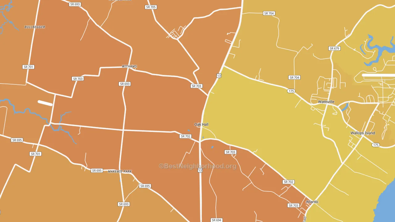 Map of the best neighborhoods in the 23416 area, with better matches in green and worse matches in red