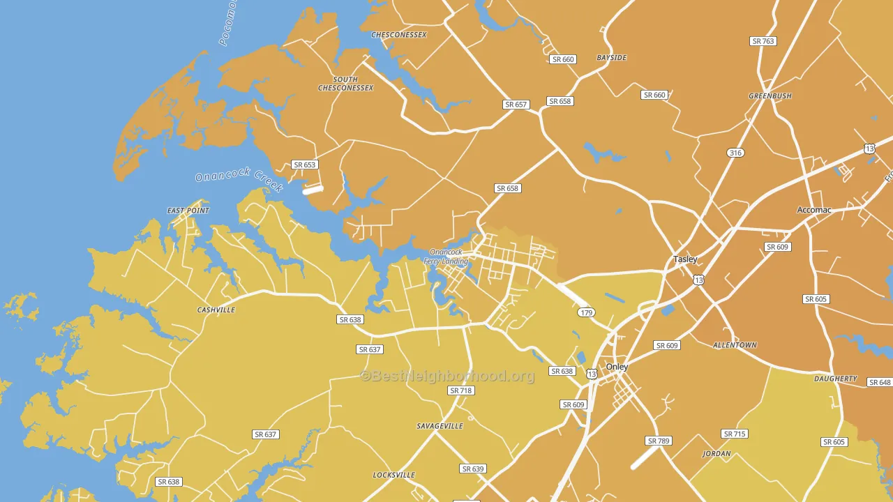 Map of the best neighborhoods in the 23417 area, with better matches in green and worse matches in red