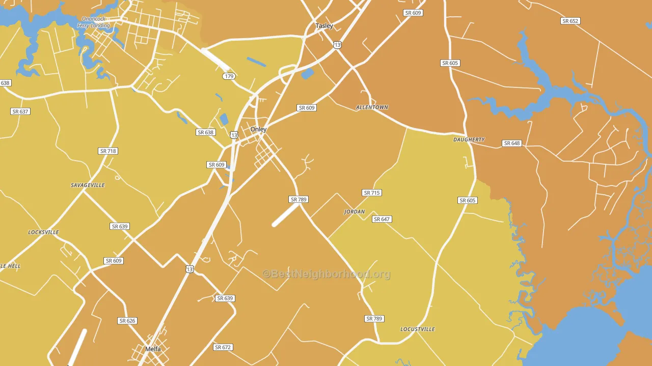 Map of the best neighborhoods in the 23418 area, with better matches in green and worse matches in red