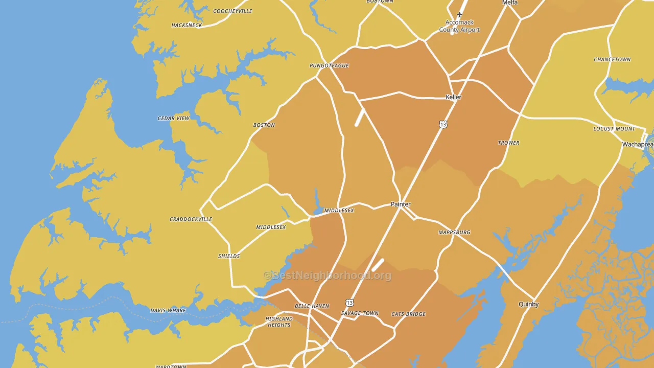 Map of the best neighborhoods in the 23420 area, with better matches in green and worse matches in red