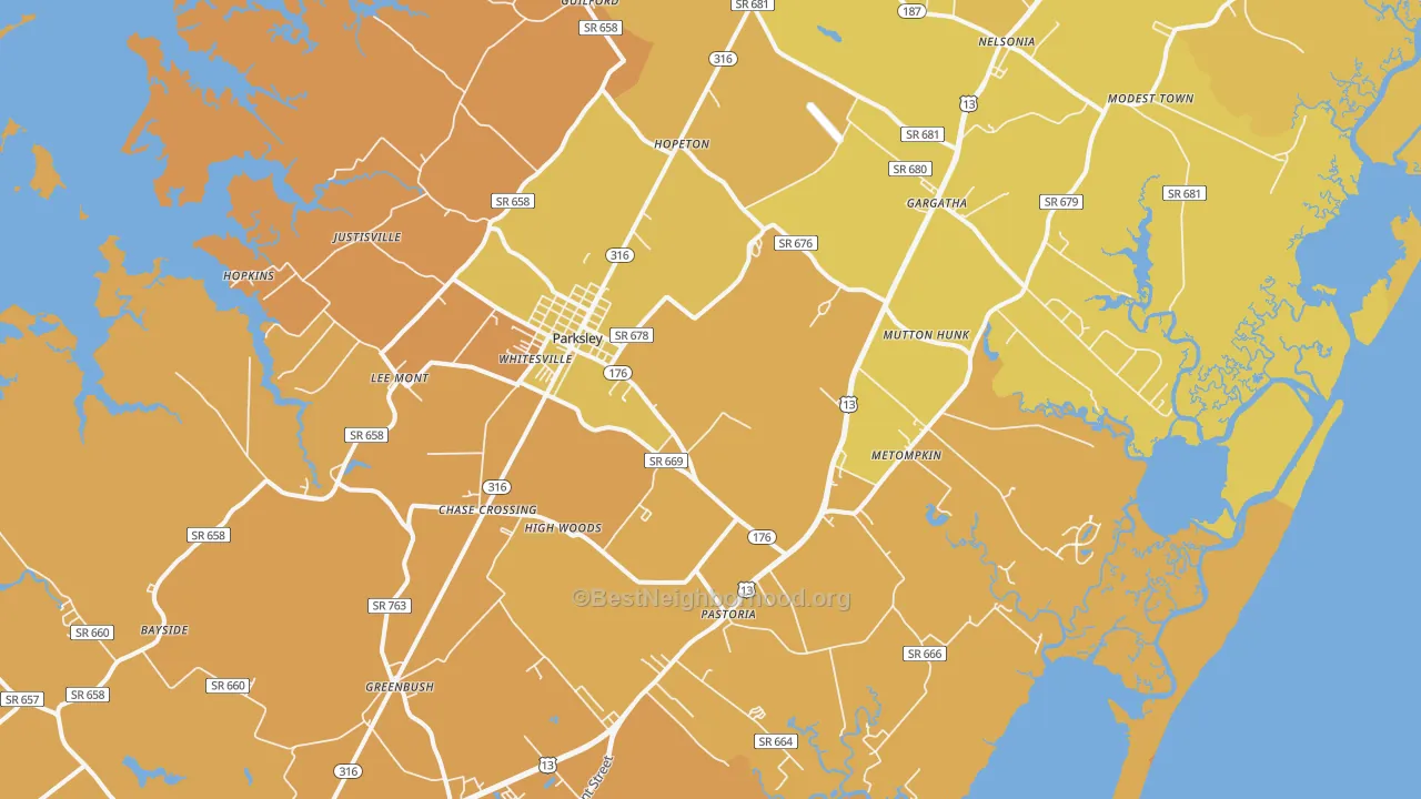 Map of the best neighborhoods in the 23421 area, with better matches in green and worse matches in red
