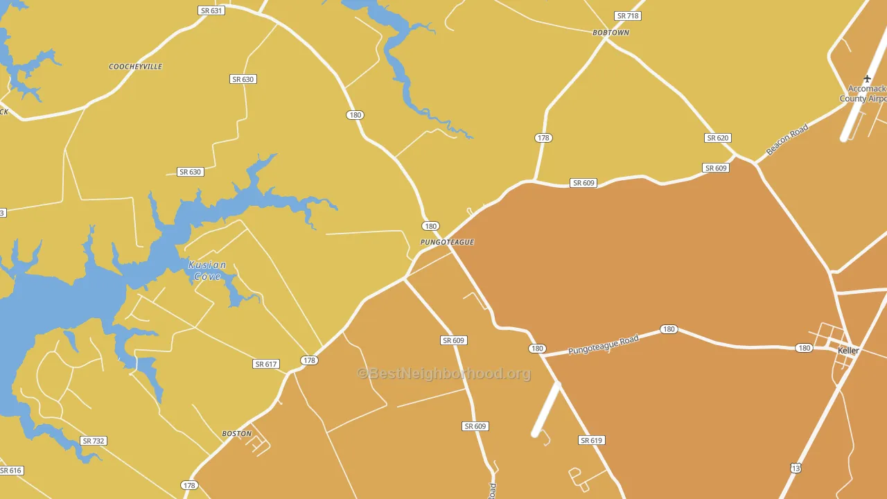 Map of the best neighborhoods in the 23422 area, with better matches in green and worse matches in red