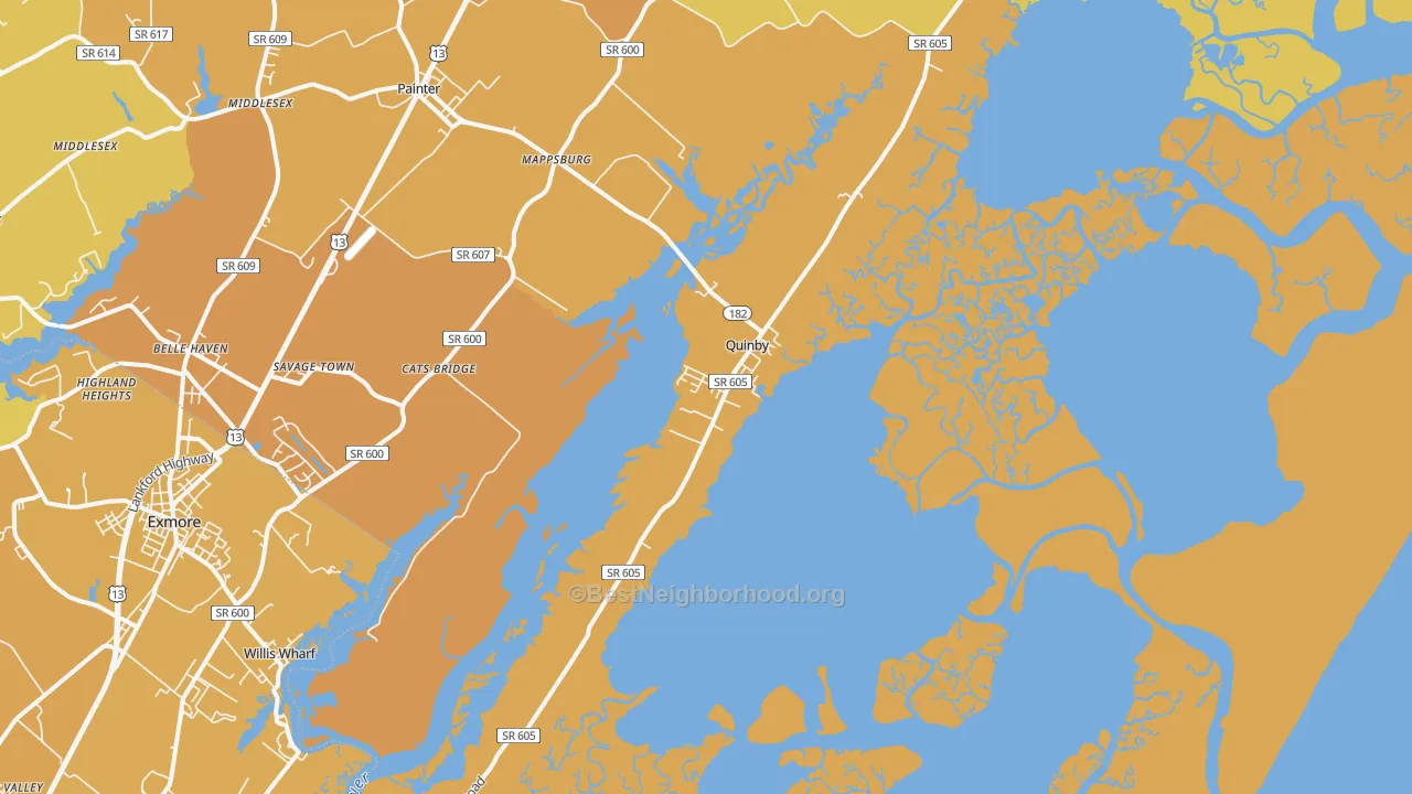 Map of the best neighborhoods in the 23423 area, with better matches in green and worse matches in red