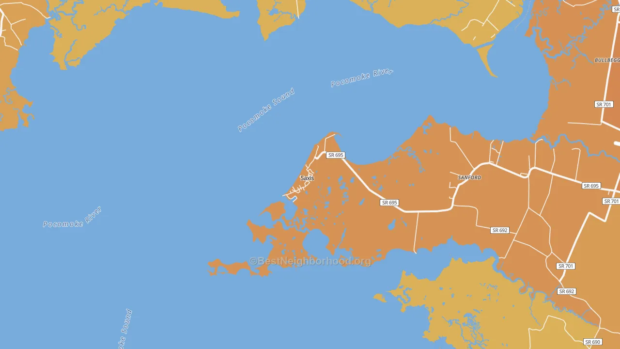 Map of the best neighborhoods in the 23427 area, with better matches in green and worse matches in red