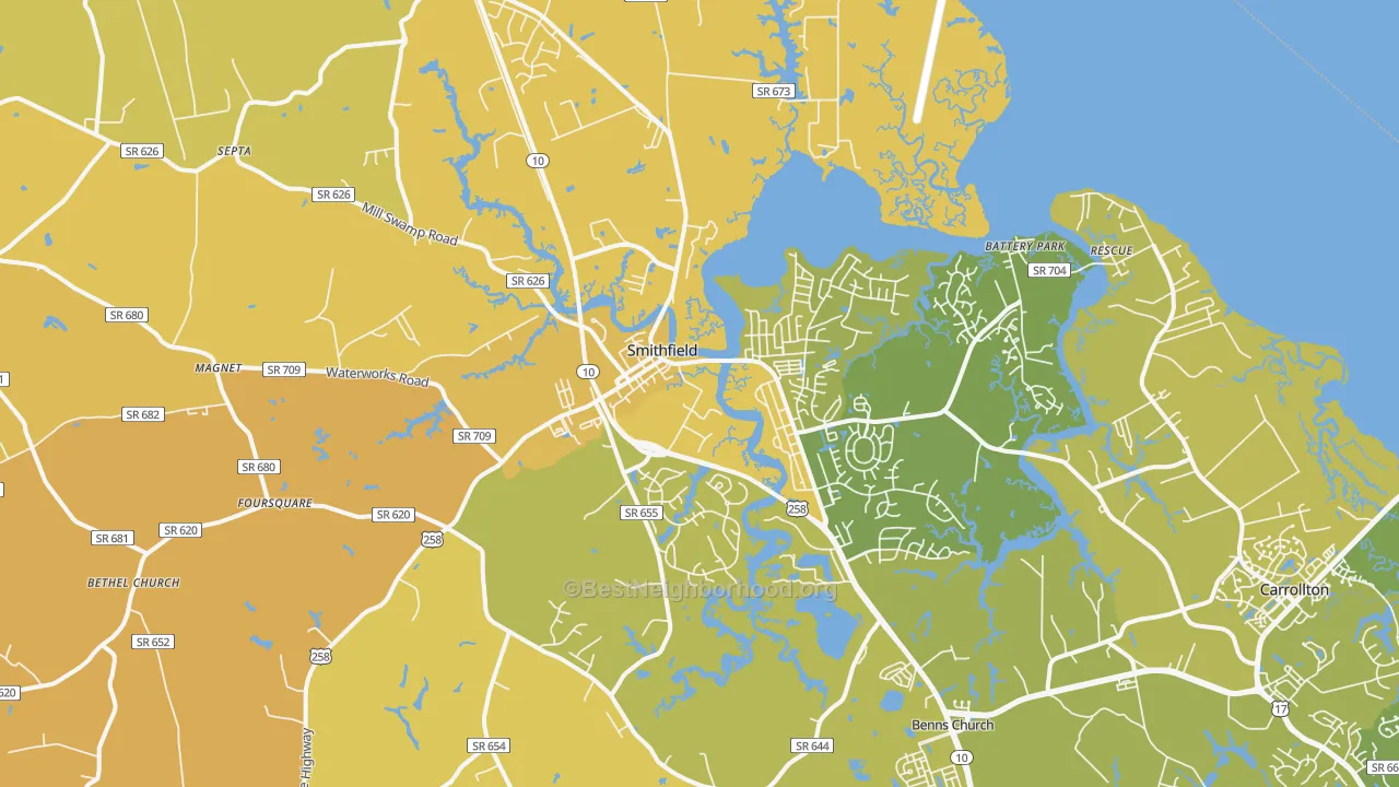 Map of the best neighborhoods in the 23430 area, with better matches in green and worse matches in red