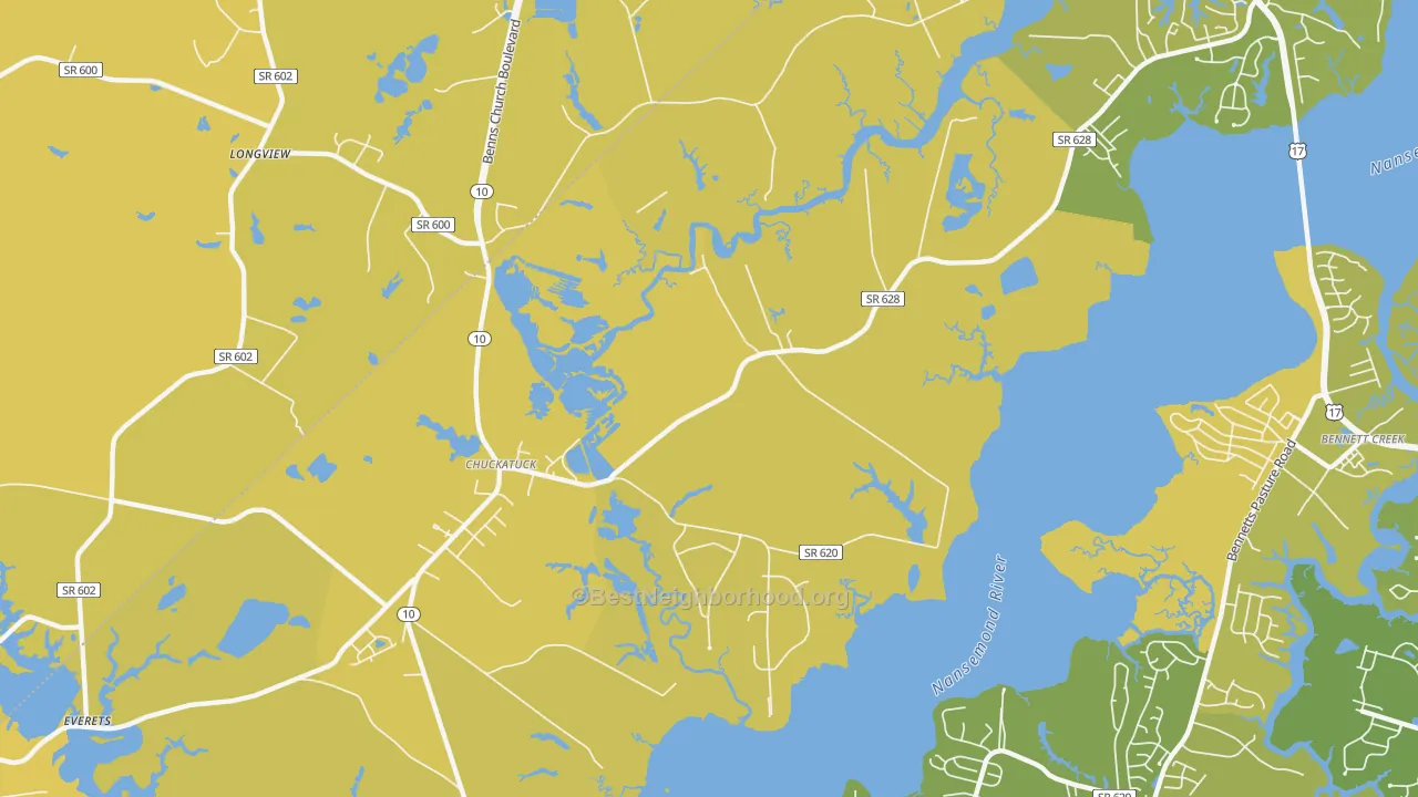 Map of the best neighborhoods in the 23432 area, with better matches in green and worse matches in red