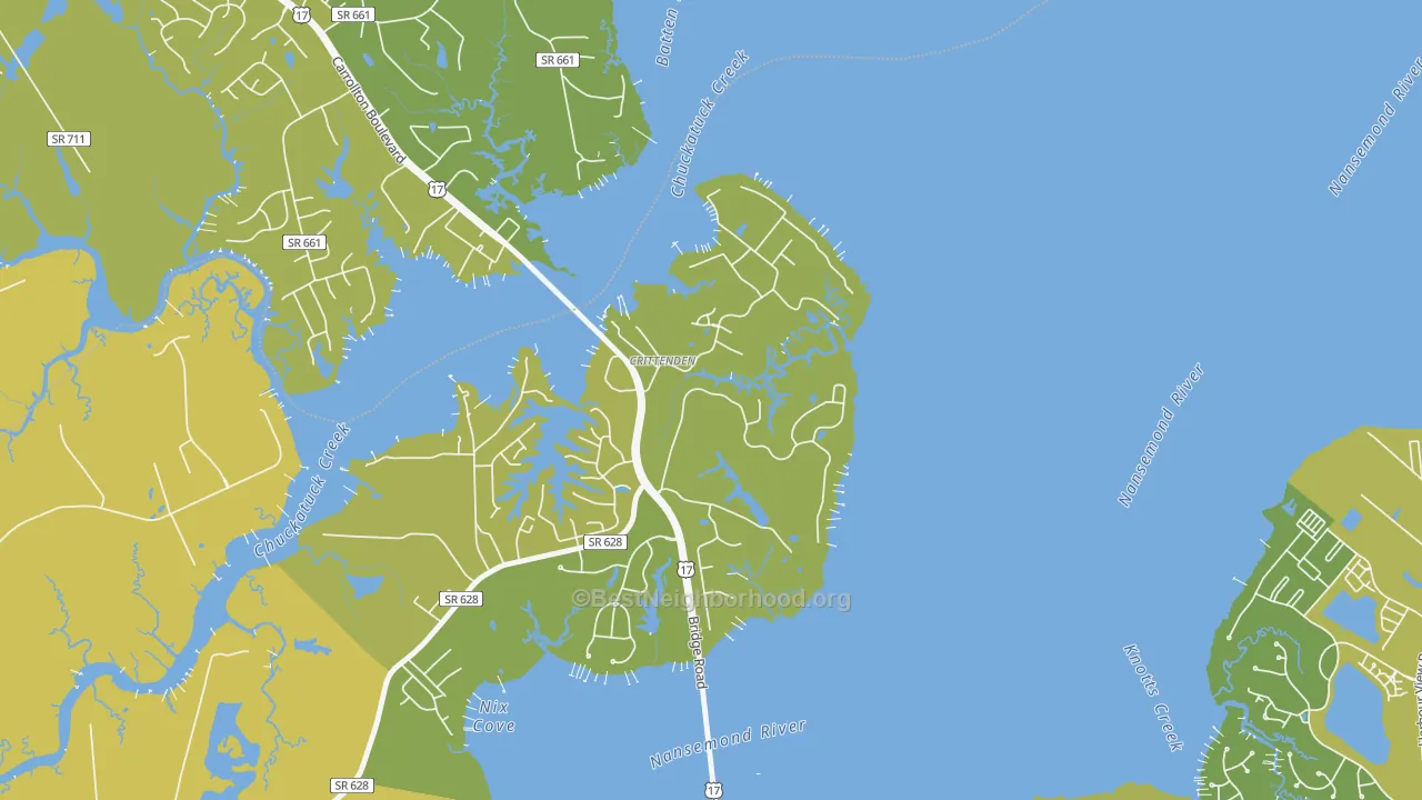 Map of the best neighborhoods in the 23433 area, with better matches in green and worse matches in red