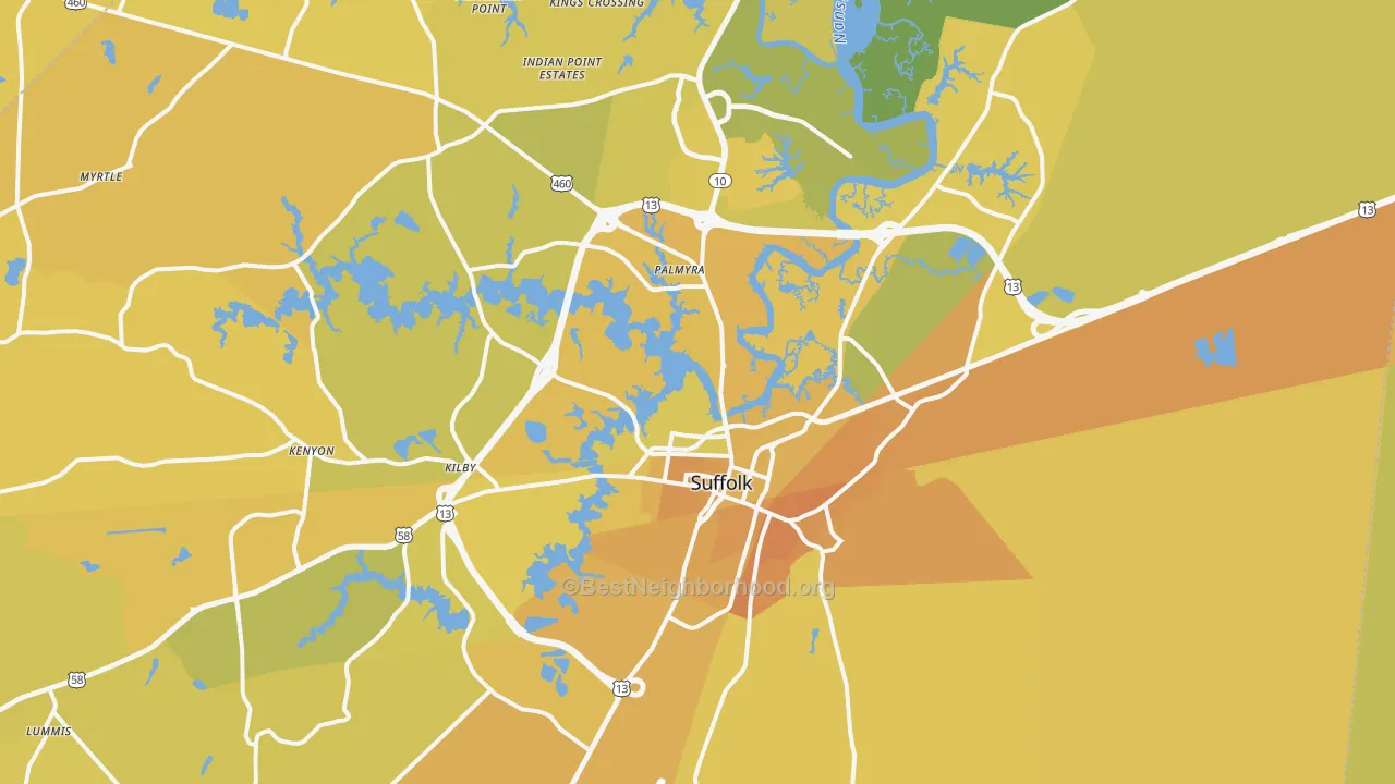 Map of the best neighborhoods in the 23434 area, with better matches in green and worse matches in red