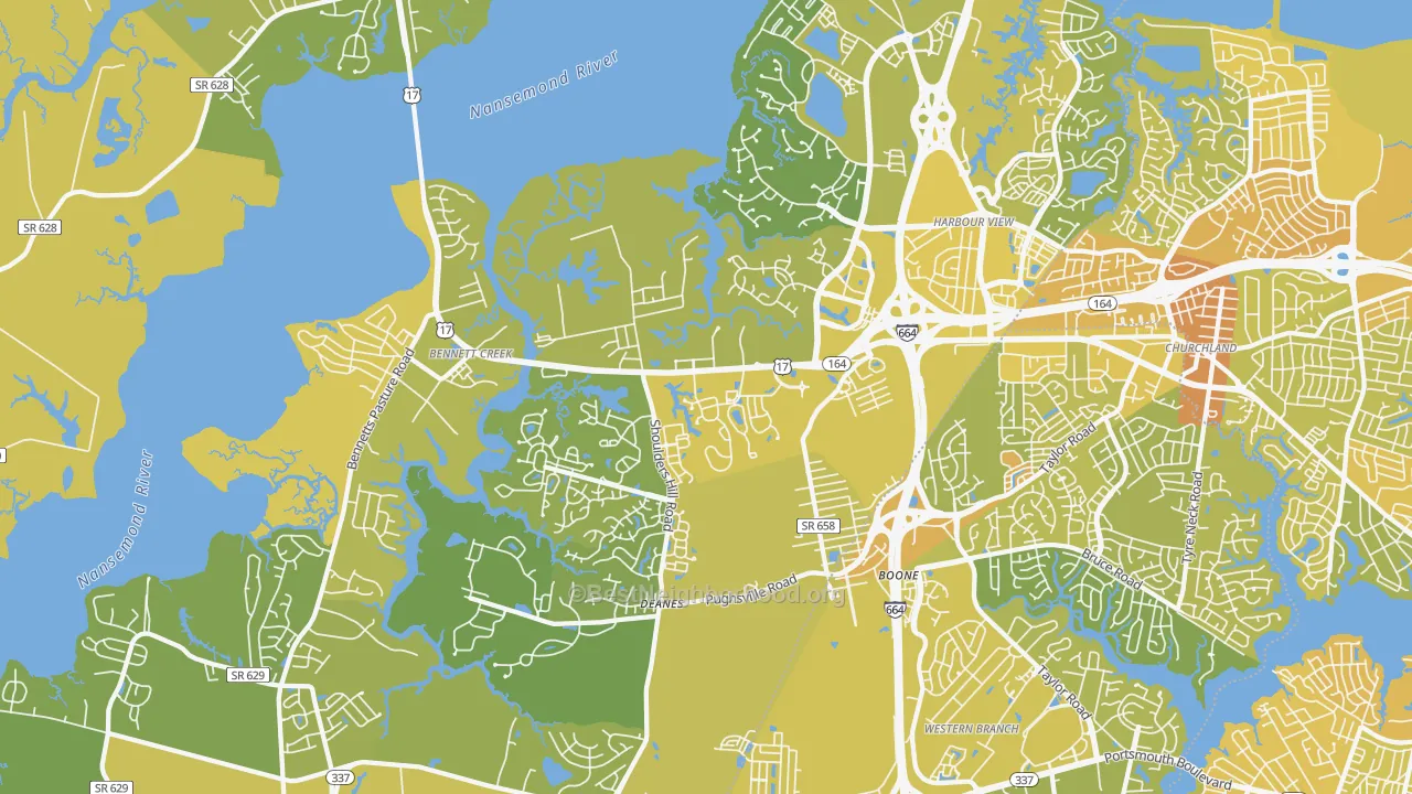 Map of the best neighborhoods in the 23435 area, with better matches in green and worse matches in red