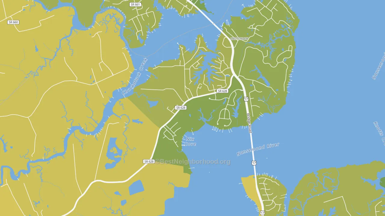 Map of the best neighborhoods in the 23436 area, with better matches in green and worse matches in red