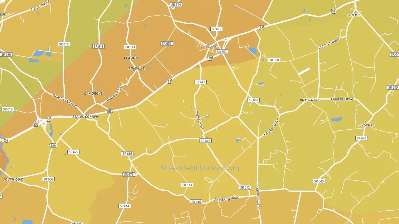 Map of the best neighborhoods in the 23437 area, with better matches in green and worse matches in red
