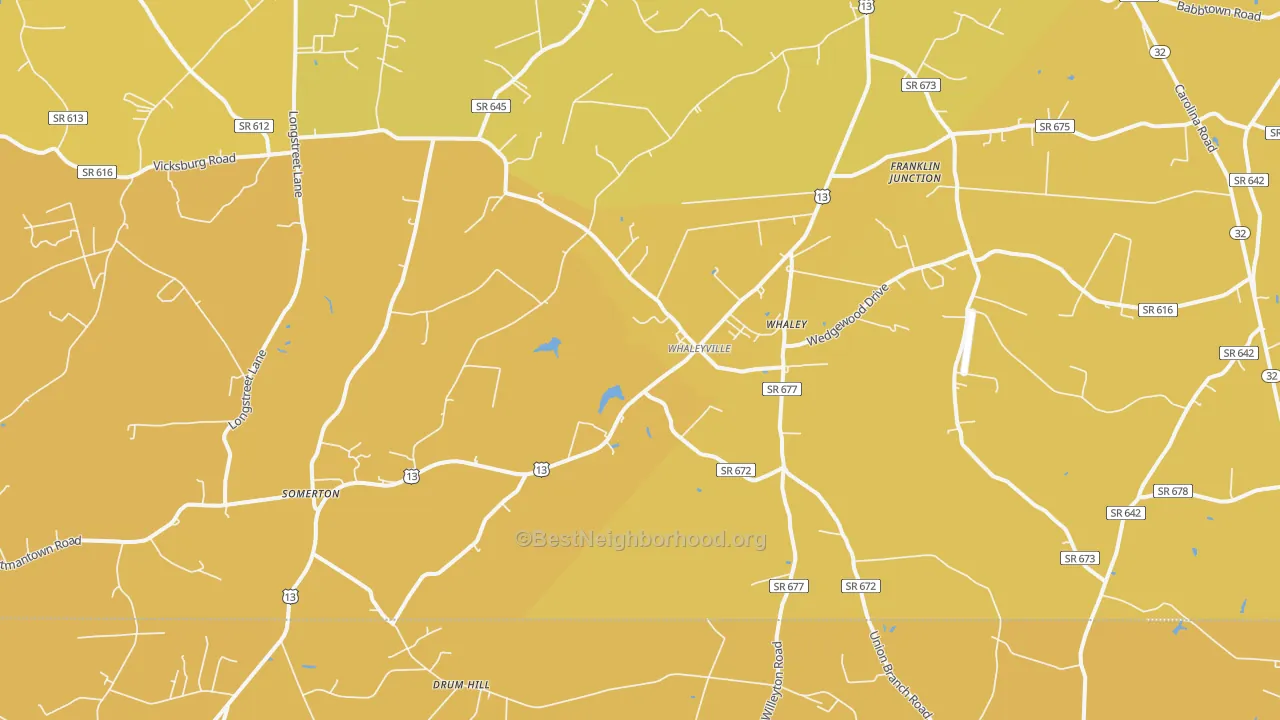 Map of the best neighborhoods in the 23438 area, with better matches in green and worse matches in red