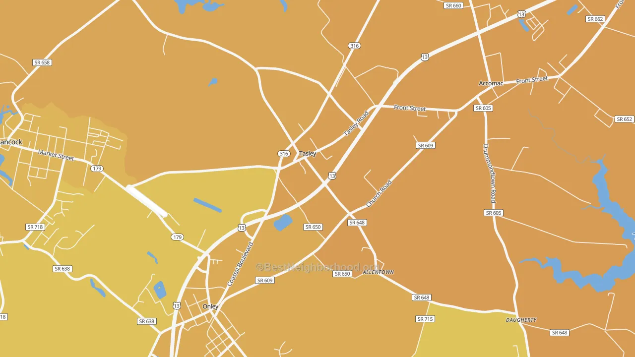 Map of the best neighborhoods in the 23441 area, with better matches in green and worse matches in red