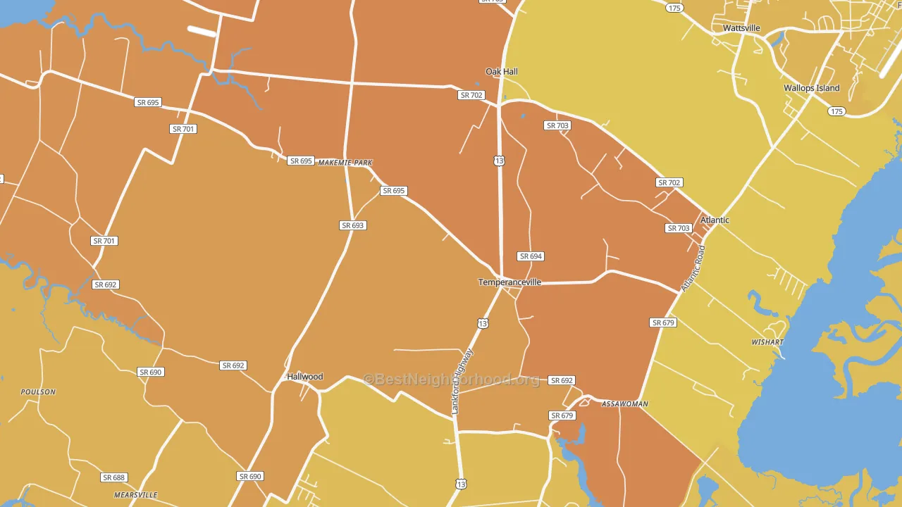 Map of the best neighborhoods in the 23442 area, with better matches in green and worse matches in red