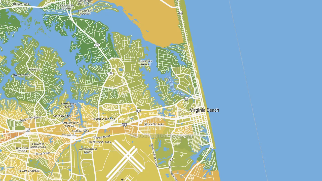 Map of the best neighborhoods in the 23451 area, with better matches in green and worse matches in red