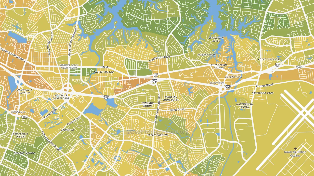 Map of the best neighborhoods in the 23452 area, with better matches in green and worse matches in red