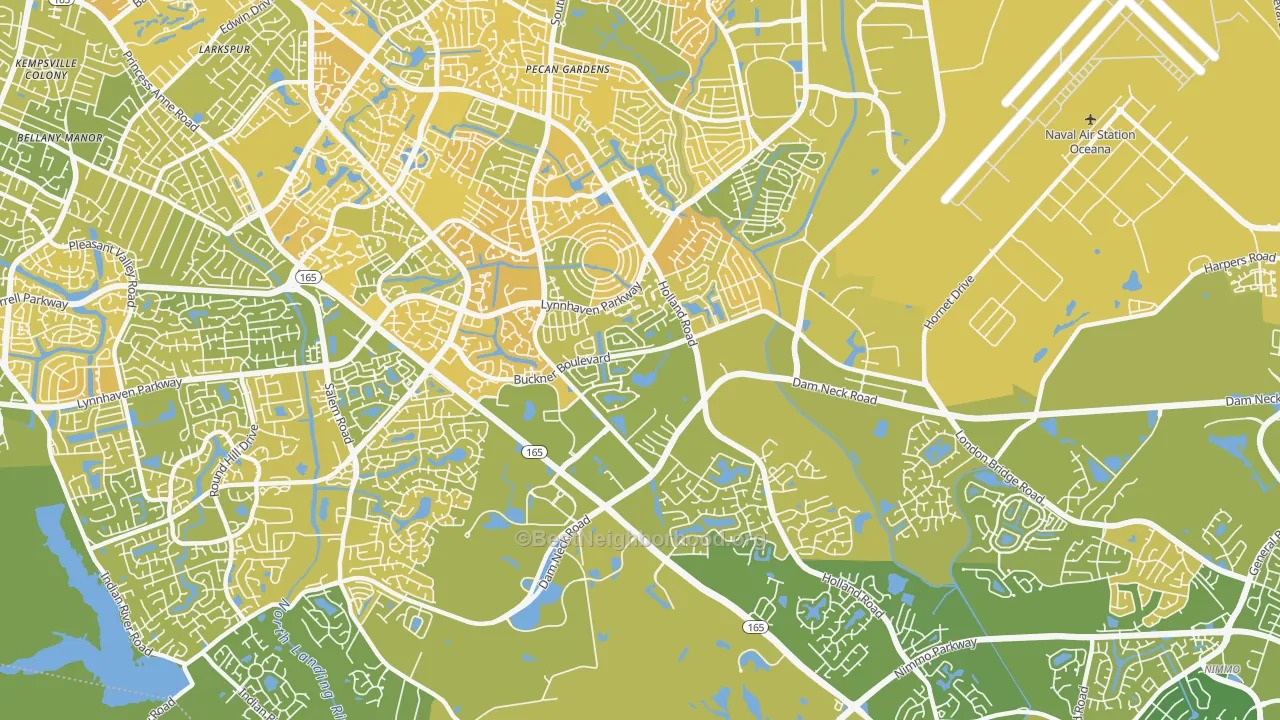Map of the best neighborhoods in the 23453 area, with better matches in green and worse matches in red