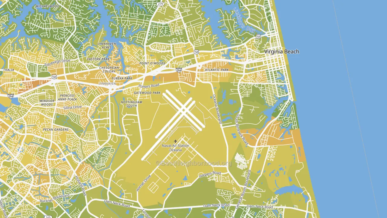 Map of the best neighborhoods in the 23454 area, with better matches in green and worse matches in red