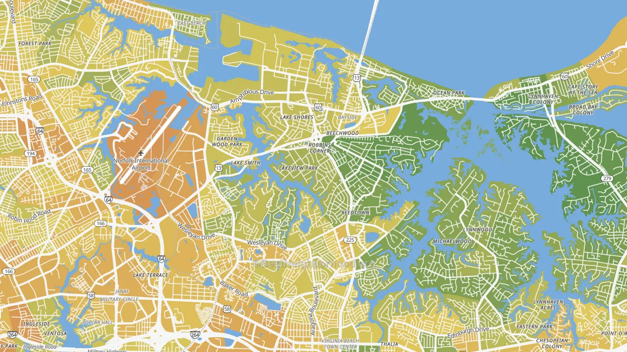 Map of the best neighborhoods in the 23455 area, with better matches in green and worse matches in red
