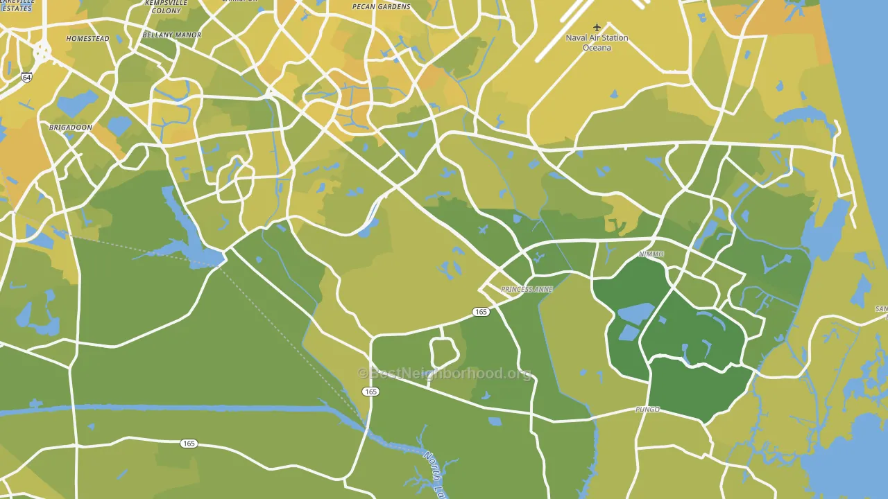 Map of the best neighborhoods in the 23456 area, with better matches in green and worse matches in red