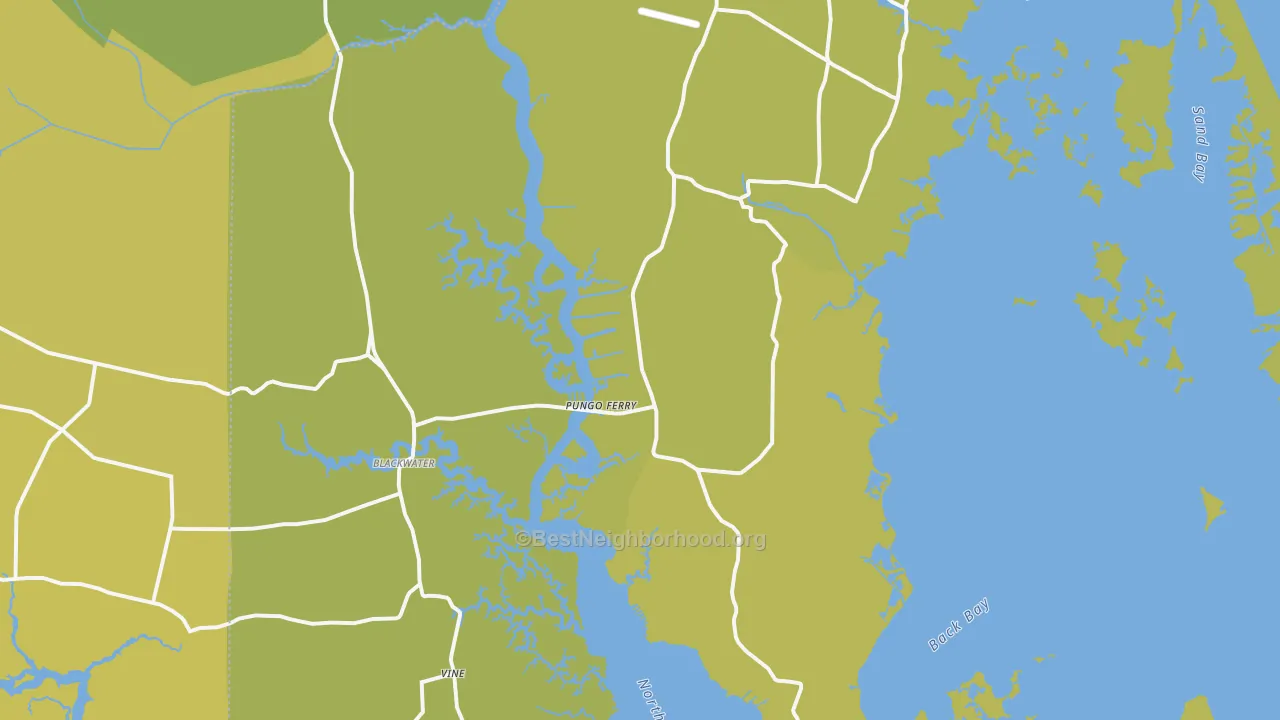 Map of the best neighborhoods in the 23457 area, with better matches in green and worse matches in red