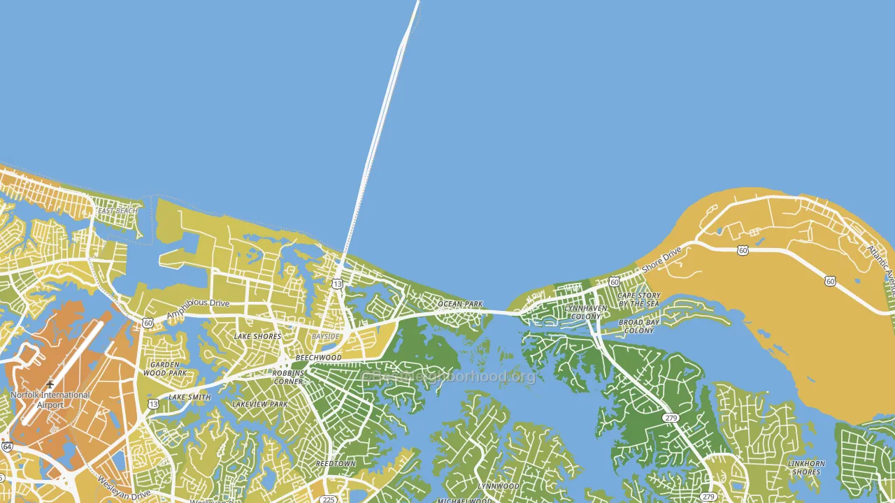 Map of the best neighborhoods in the 23459 area, with better matches in green and worse matches in red